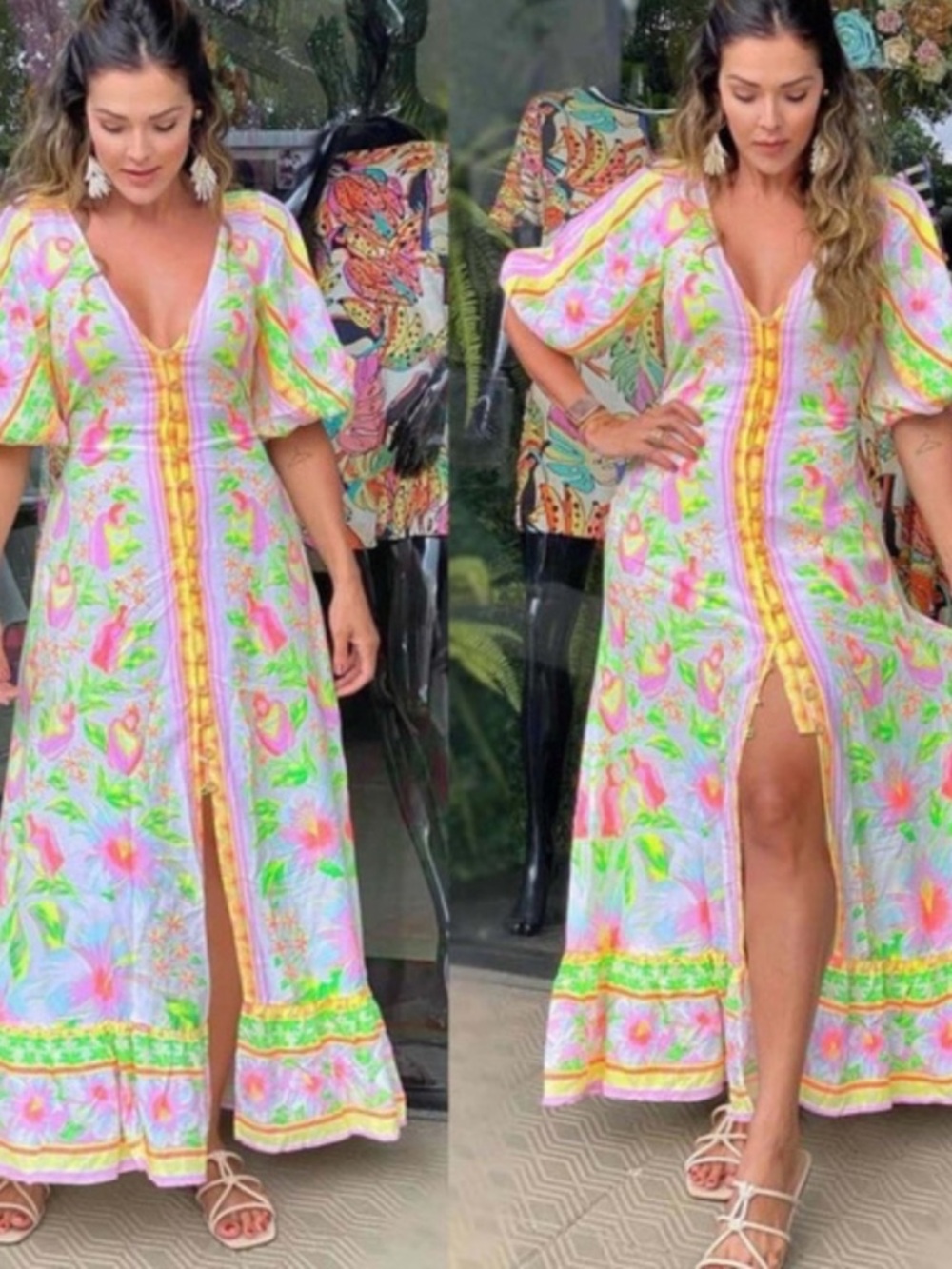 NWT Farm Rio printed Apple Puff-Sleeve Maxi Dress in Pink Green size Small
